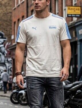 Puma x Porsche Turbo Men's T-Shirt Size Large Cream Blue Graphic Tee 100% Cotton